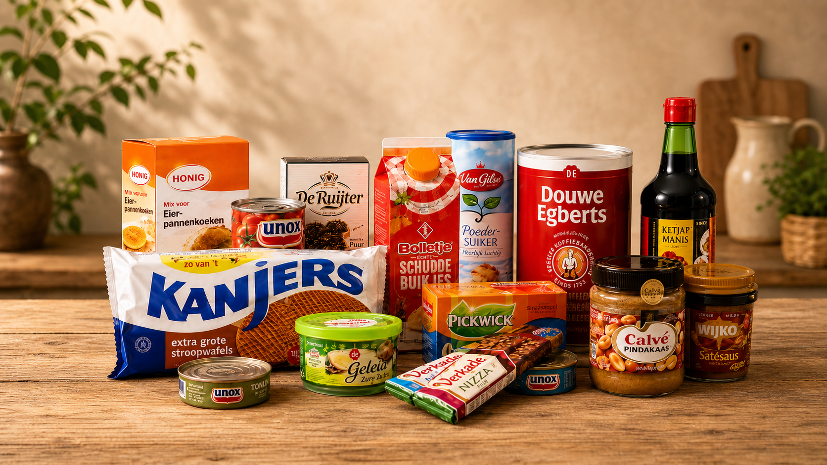 Curated Dutch grocery products including stroopwafels, coffee, tea, sauces, and pantry favorites